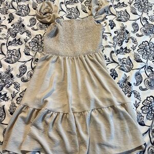 Beige Smocked Dress with Ruffle Sleeves